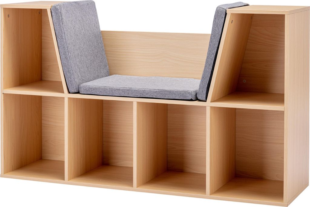 2-in-1 Kinderregal Regal + Sitzbank inkl. Polster 103 cm × 30?cm × 62 cm Wei? + Grau