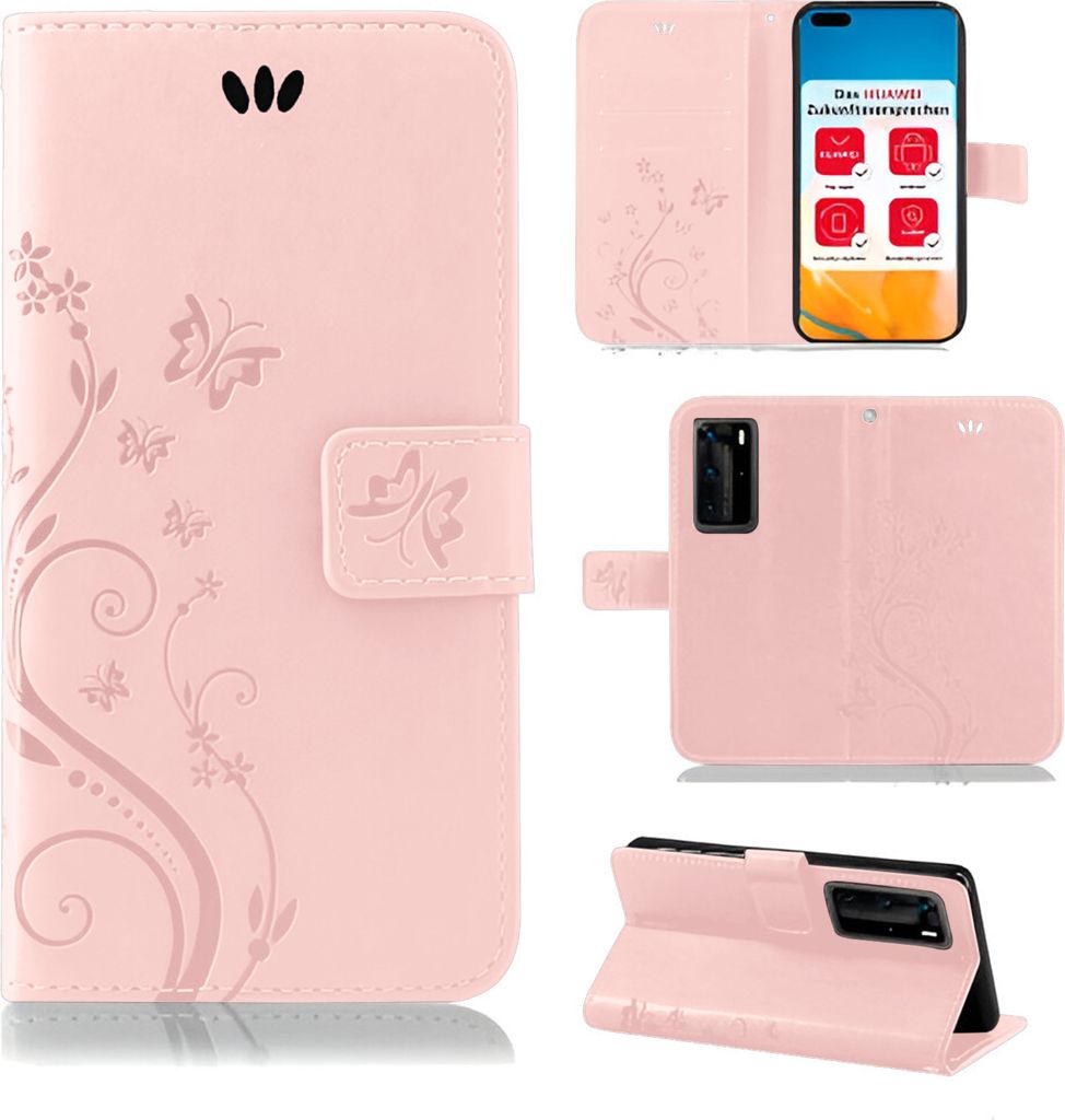 Handytasche für Huawei P40 Pro Blumen Flip Cover Buchhülle mit Magnetverschluss, Rosegold