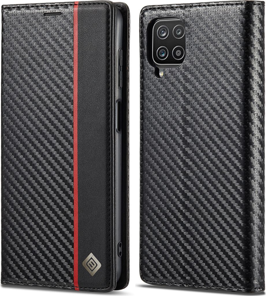 Hülle für Samsung Galaxy A22 4G Kohlefaser Leder Brieftasche Schutzhülle mit Standfunktion Schwarz Vertikale Rot