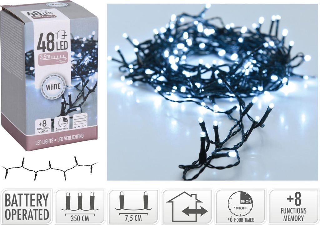A product shot of white LED string lights and its packaging, along with feature icons.