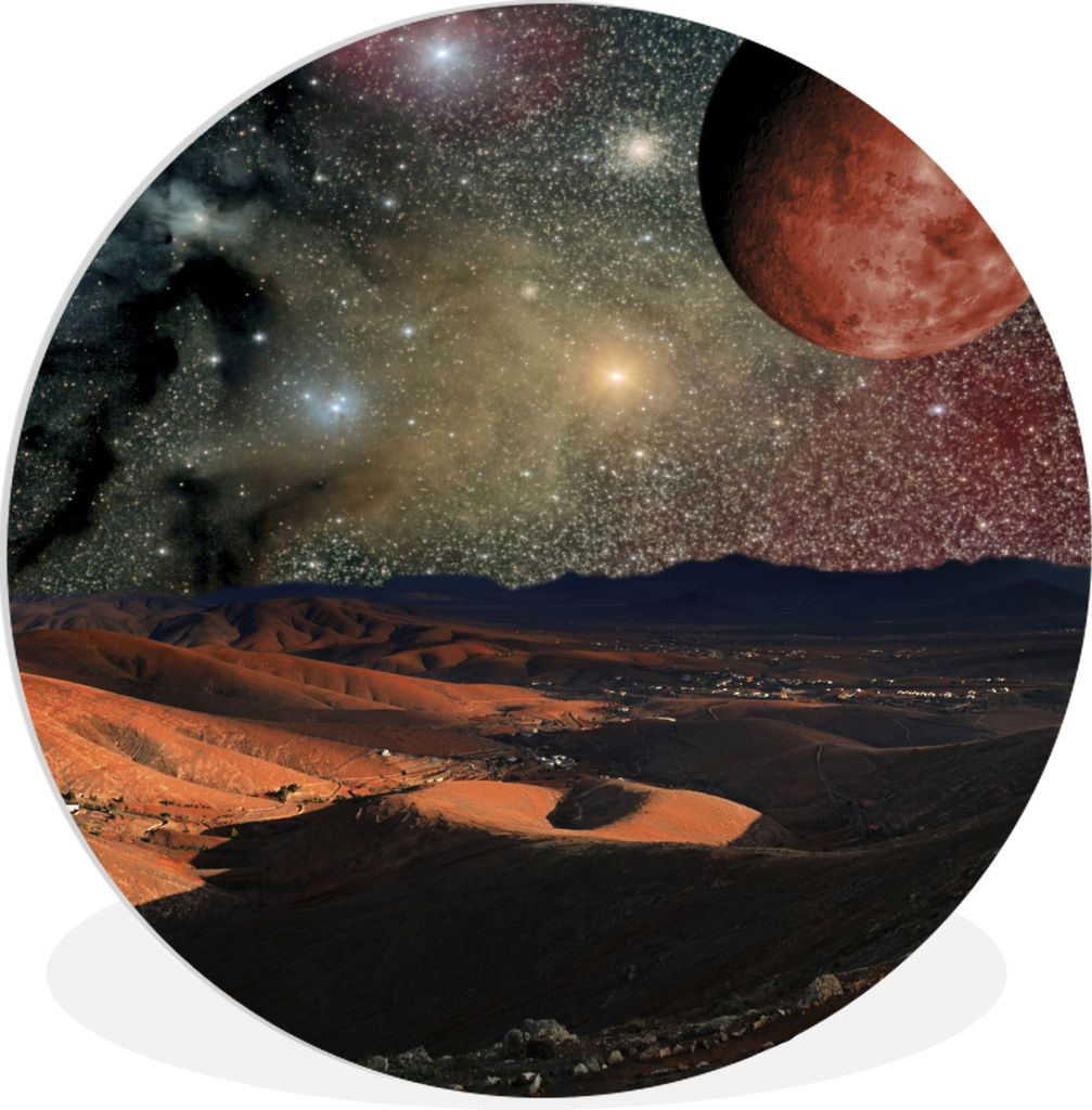 MuchoWow Rundes Wandbild - Runde Bilder Eine Illustration einer Planetenoberfläche mit Sternen und Planeten Ø 60 cm Kreis Wanddekoration Kunsts...