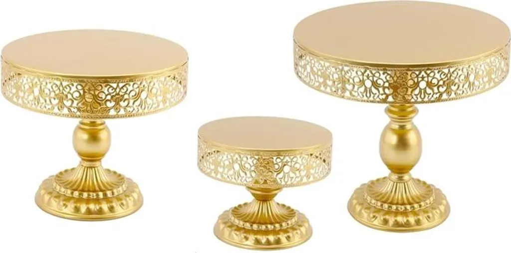 Set di 3 alzatate dorate su un unico piede, Sweet Table, torte, muffin, alzatate