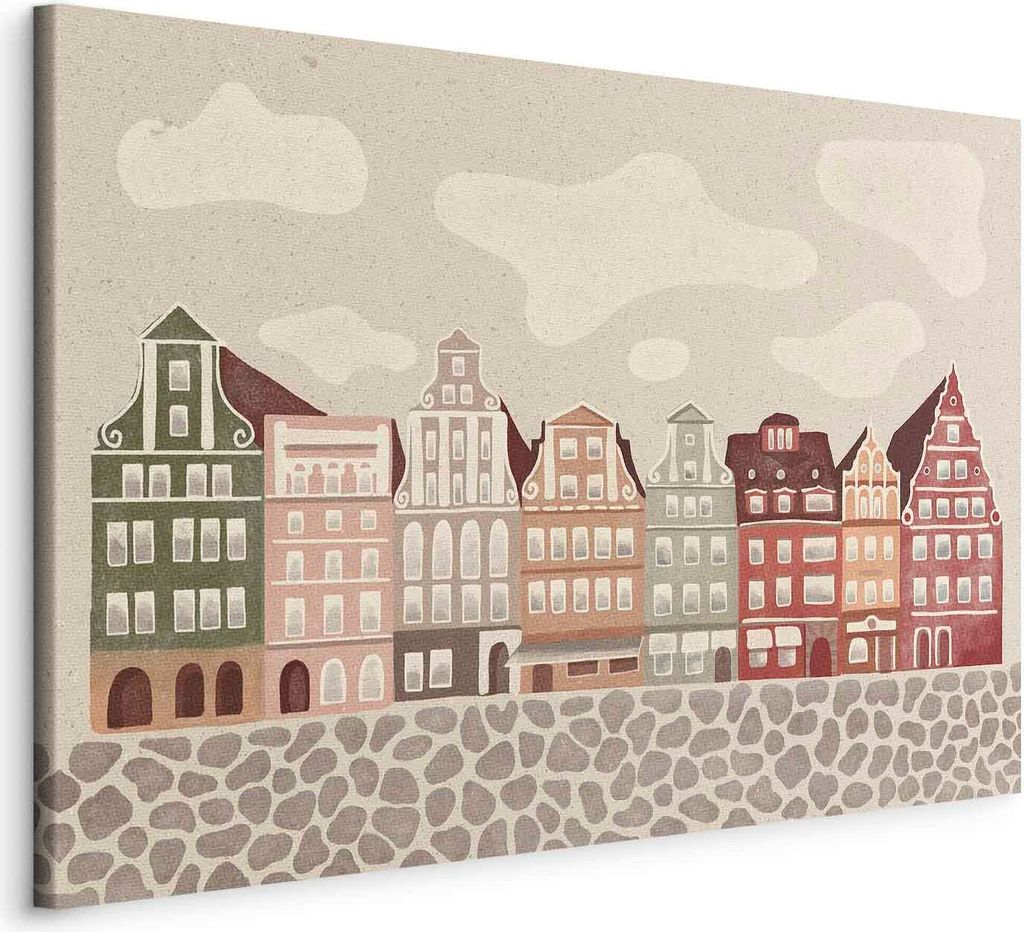 Italienischer Leinwand Leinwandbild - Salt Square - Colorful Illustrated Townhouses Against a Cloudy Sky Background 90x60 cm Für Kinder d-A-10016-b-a