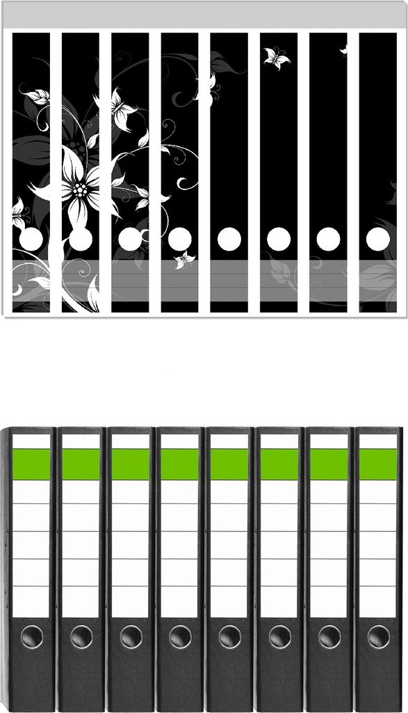 Wallario 8 Stück schmale Ordner inkl. Klebeetiketten mit Motive Blumenranke in Schwarz-Weiß - Set mit Rückenschildern / Ordnerrücken Stickern