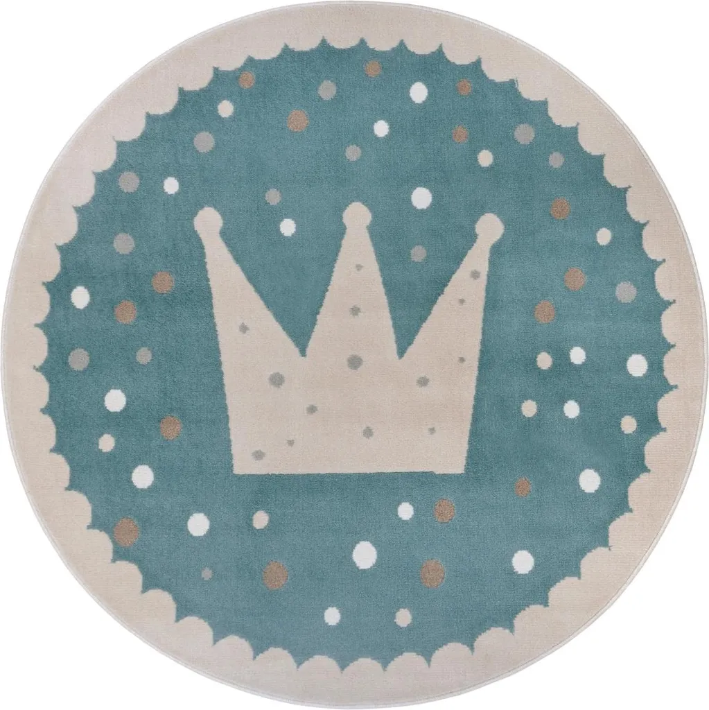 Tapis enfant rond bleu et crème 140 cm Adventures pour chambre de garçon