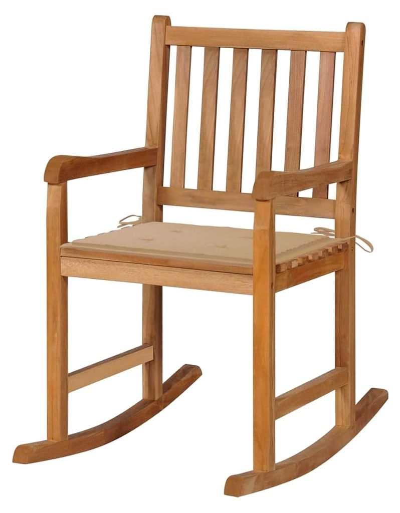 Schaukelstuhl mit beigem Kissen aus Teakholz, Gartenmöbel, Gartensessel, Outdoor-Sessel