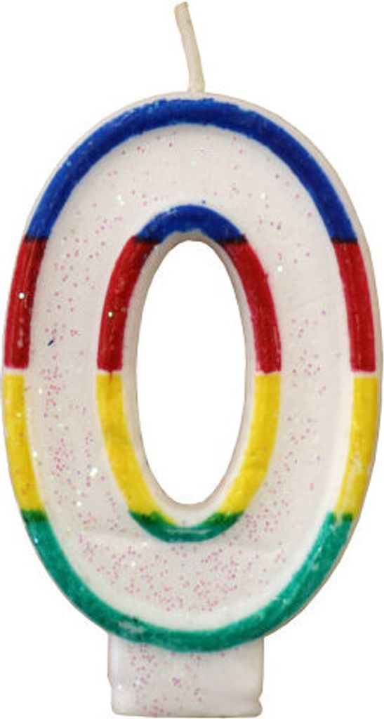 Tortenkerze, Zahlenkerze "0" Bunt glitzernd mit Halter für Geburtstagstorte, Jubiläum, Hochzeit
