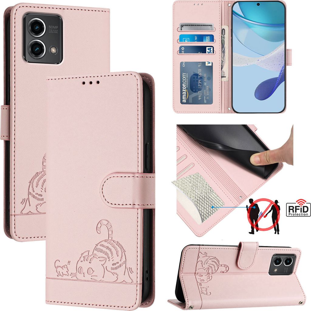 Leder Hülle für Motorola Moto G Stylus 5G (2024) Süße Katze Flip Case Brieftasche Schutzhülle mit Standfunktion Pink