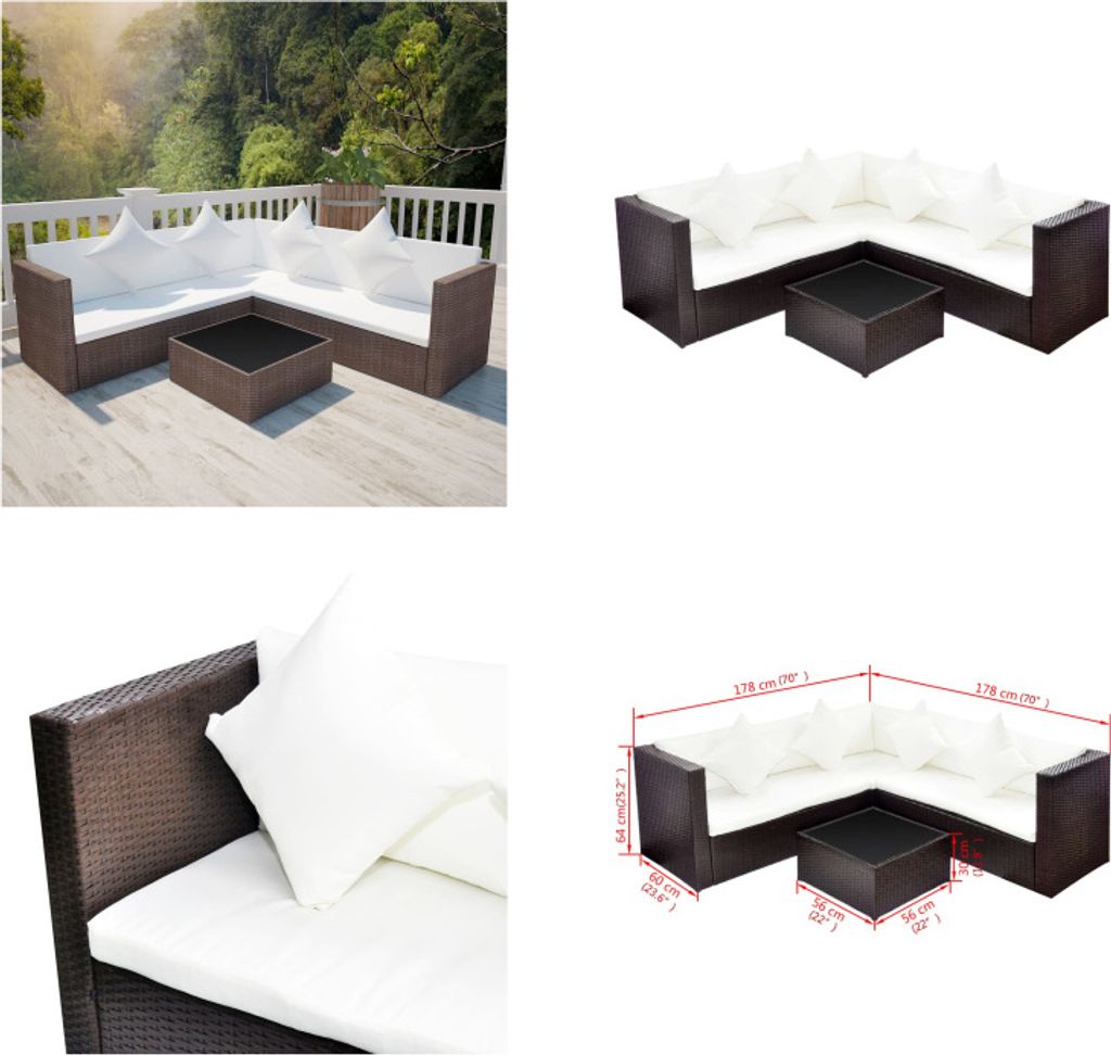vidaXL 4 tlg. Garten Lounge Set mit Auflagen Poly Rattan Braun - Gartenmöbel-Set - Gartenmöbel-Sets - Gartensofa - Gartensofas