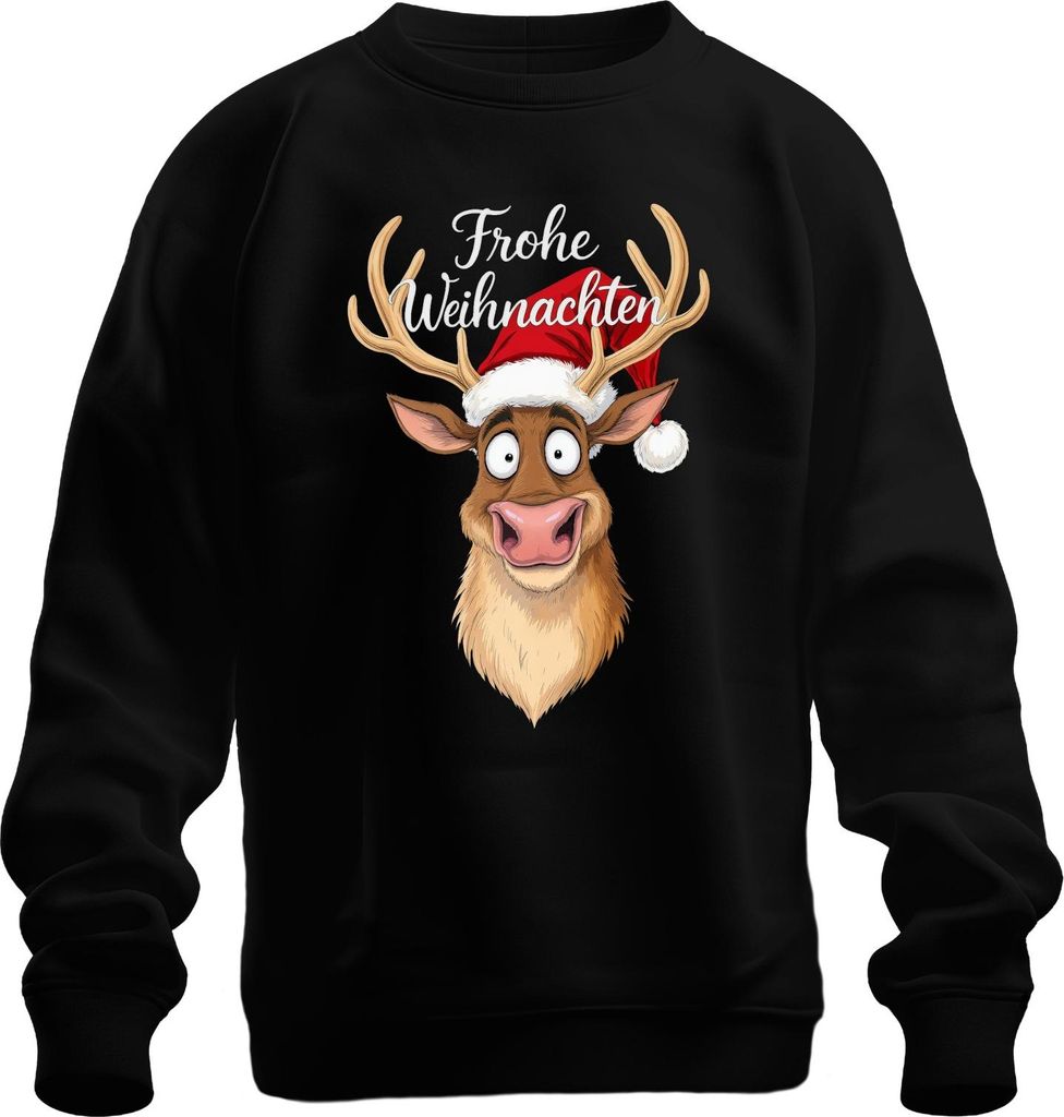 Frohe Weihnachten Lustiges Rentier Weihnachtsmütze Cartoon Humor Uni Sweatshirt Pullover, Schwarz, M
