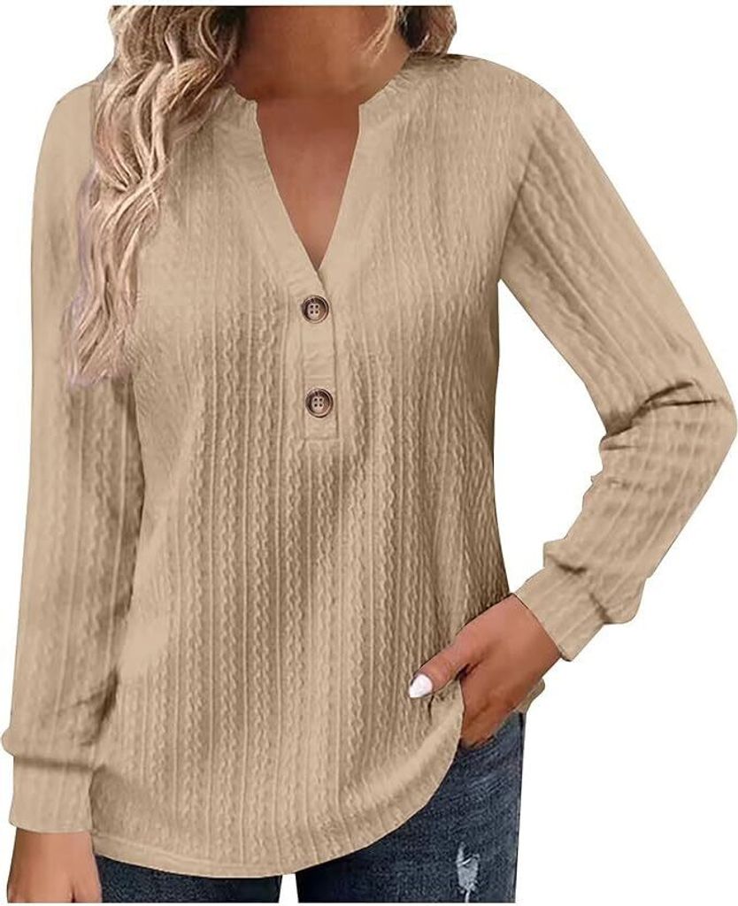 Damen geripptem Strick langärmelig Hemd mit Knopfleiste Blusen Damen V-Ausschnitt lange Ärmel, Button-Down-Oberteile T-Shirts