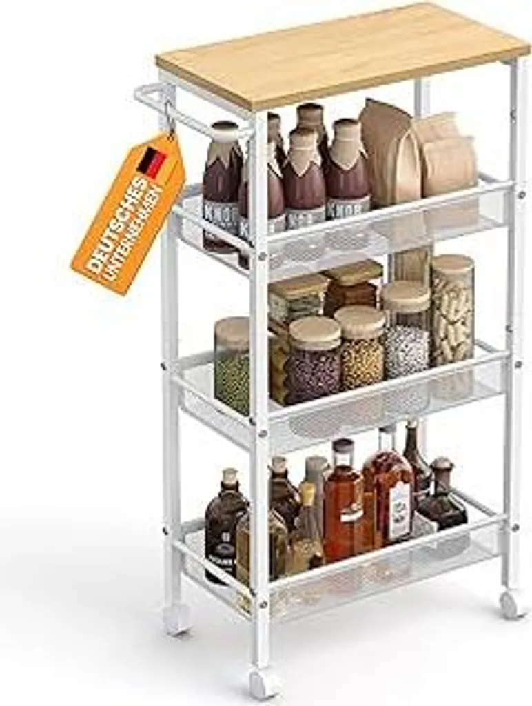 VASAGLE Carrello a 4 ripiani, carrello da cucina stretto, scaffale angolare su ruote, acciaio, maniglia, per spazi ridotti, 22 x 45,4 x 77 cm, cucina, bagno, soggiorno, studio, colore rovere-bianco LRC033W09