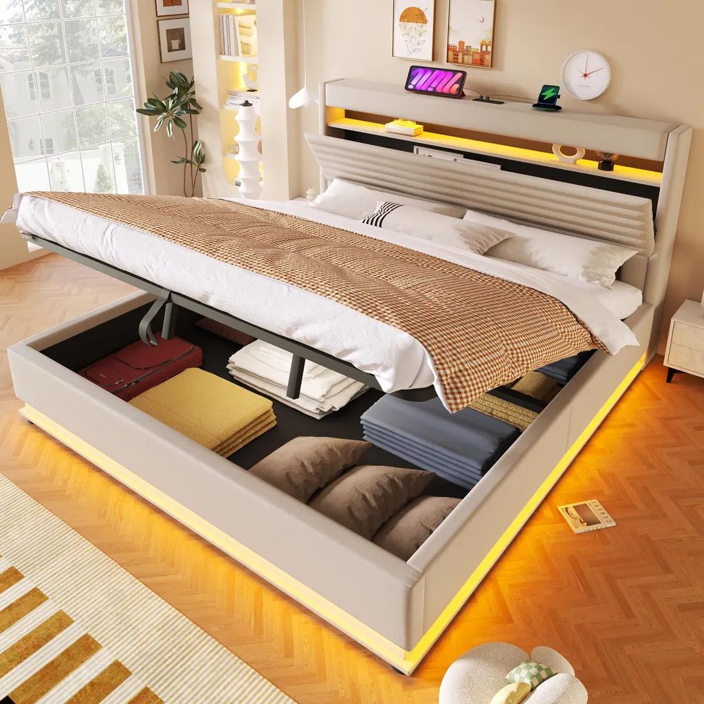 Lit 180x200 cm en lin beige avec port USB-C et rangement sous sommier
