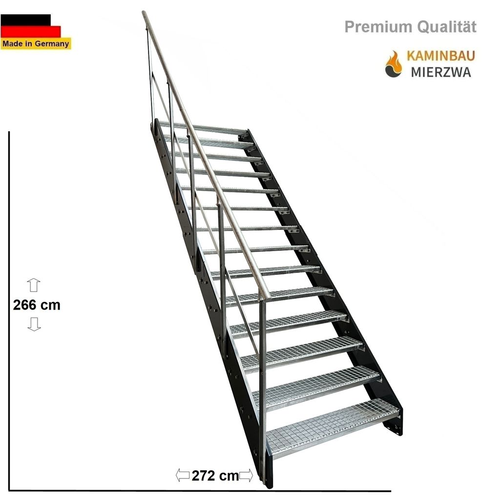 Stahl Wangentreppe Gitterroststufen 14 Stufen Geländer Links - Verzinkt & Anthrazit pulverlackierten Wangen - (B x H x T) 100 x 266 x 272 cm
