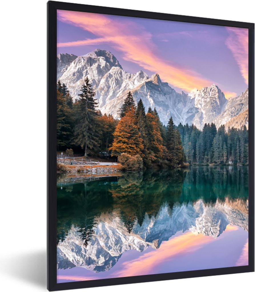 MuchoWow Gerahmtes Poster Berg - Wald - Wasser - Himmel - Rosa - Lila 60x80 cm - Poster mit Schwarzem Bilderrahmen Wandposter Rahmen Foto Bilder ...