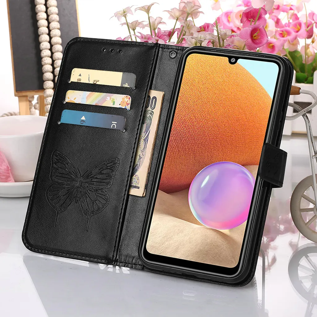Custodia a Libro Samsung A32 5G Antiurto Farfalla Nera con Cinturino - 5