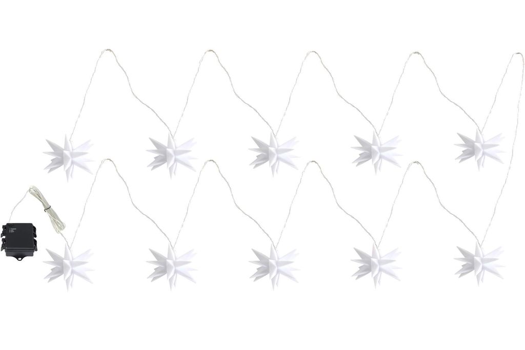 A string of white star-shaped lights with a battery pack.