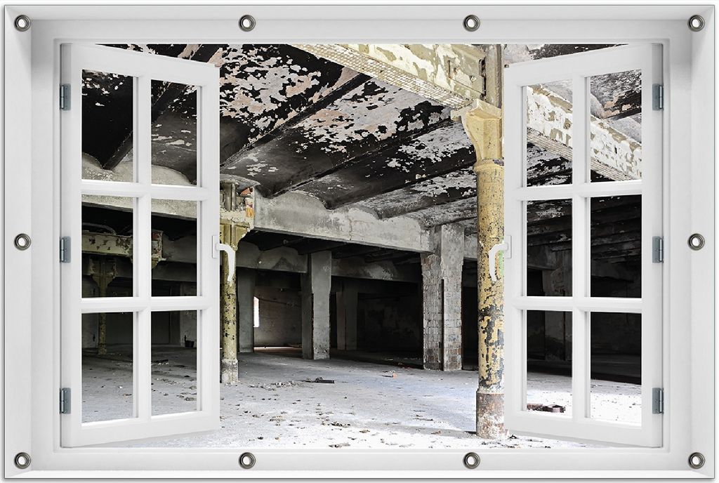 Wallario Outdoor-Poster für Garten oder Balkon 80 x 120 cm: Verlasse Brauerei - Alte Industriehalle