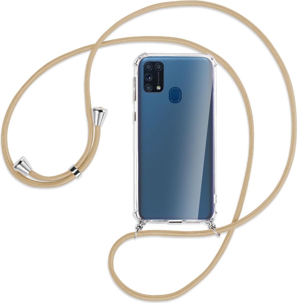 Handykette Backcover-Schutzhülle mit Band (Metall silberfarben) für Samsung Galaxy M31 - caramel