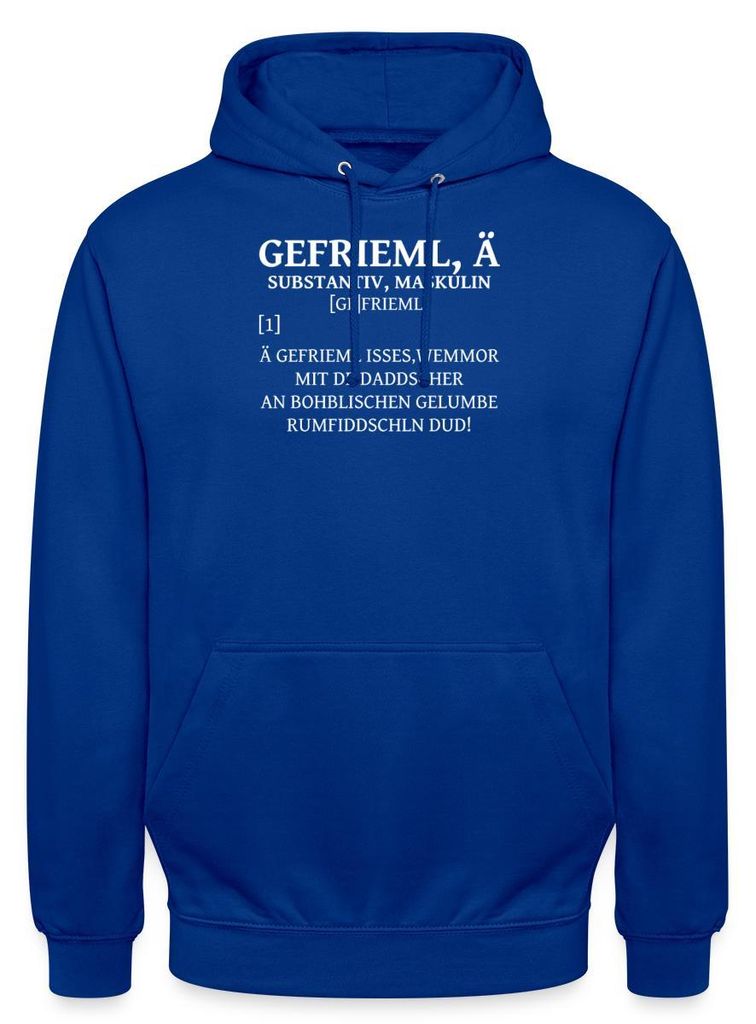 Spreadshirt Gefrieml Ä Bayrisch Wörterbuch Uni Hoodie, XL, Royalblau