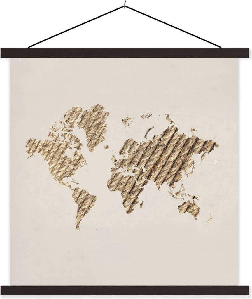 MuchoWow Textilposter Weltkarte - Seil - Beige 60x60 cm mit schwarzem Rahmen - Posteraufhänger