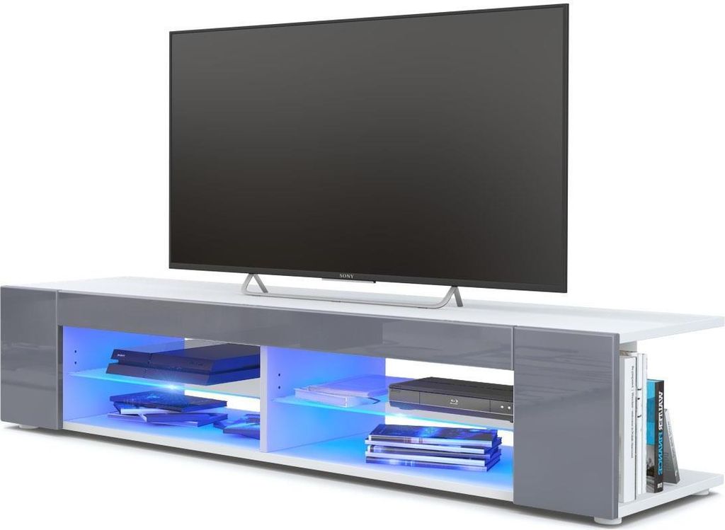 Vladon Lowboard Movie, TV-Kommode mit 4 offenen Fächern und Zierleisten, Weiß matt/Grau Hochglanz, inkl. LED-Beleuchtung blau (134 x 29 x 39 cm)