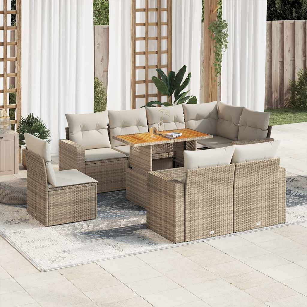 "Rabatt" 9-tlg. Garten-Sofagarnitur - mit sofa - mit Kissen Beige Poly Rattan - Lounge-Dining set CC12070