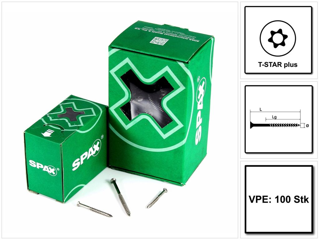Two green SPAX product boxes and several screws are displayed on a white background. To the right are three informational graphics related to the product.