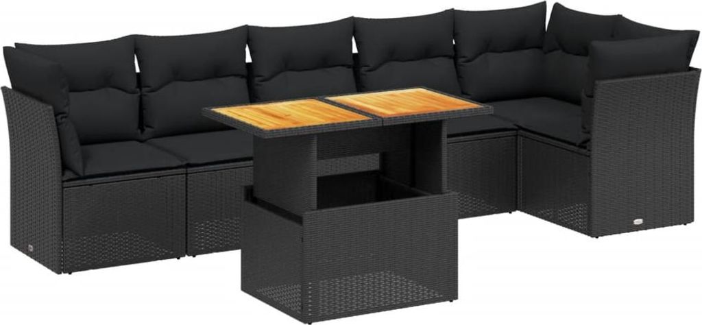 vidaXL 7-tlg. Garten-Sofagarnitur mit Kissen Schwarz Poly Rattan