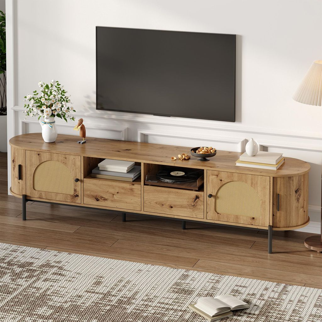 MODFU Ovales Natur TV-Lowboard mit Schiebetüren und 2 Schubladen Fernsehbank mit offenen Fächern und Rattan Metallbeinen multifunktionaler Wohnzi...