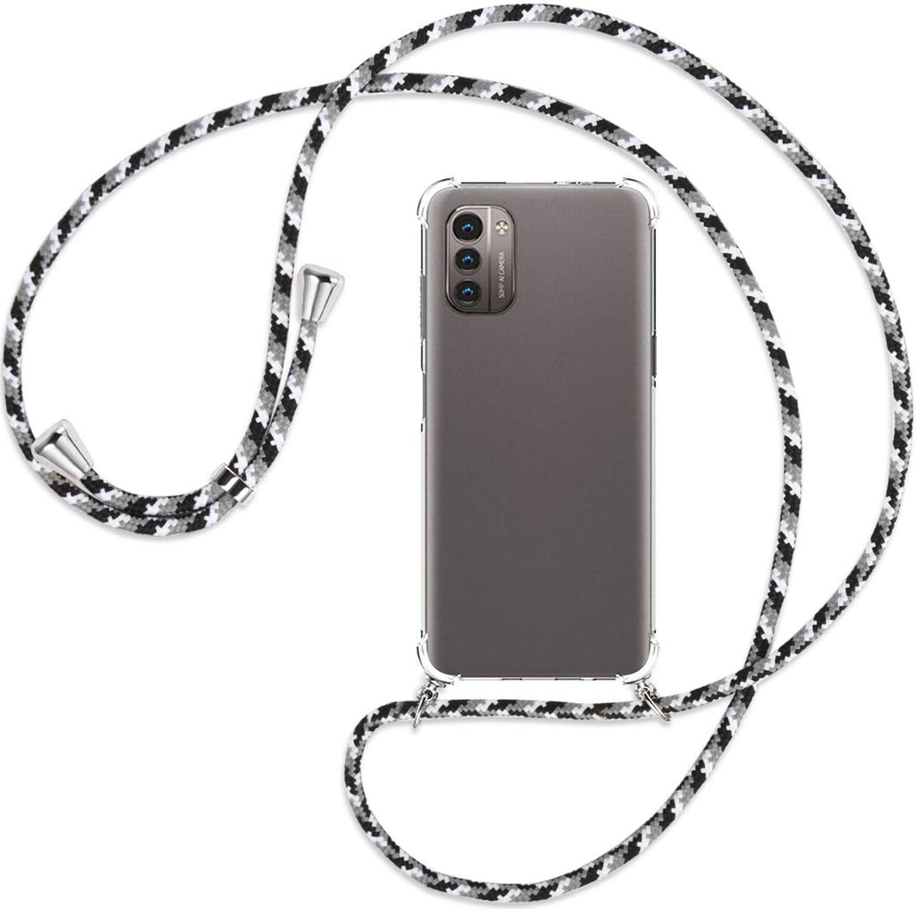 Handykette Backcover-Schutzhülle mit Band (Metall silberfarben) für Nokia G11 / G21 - schwarz/grau/weiß