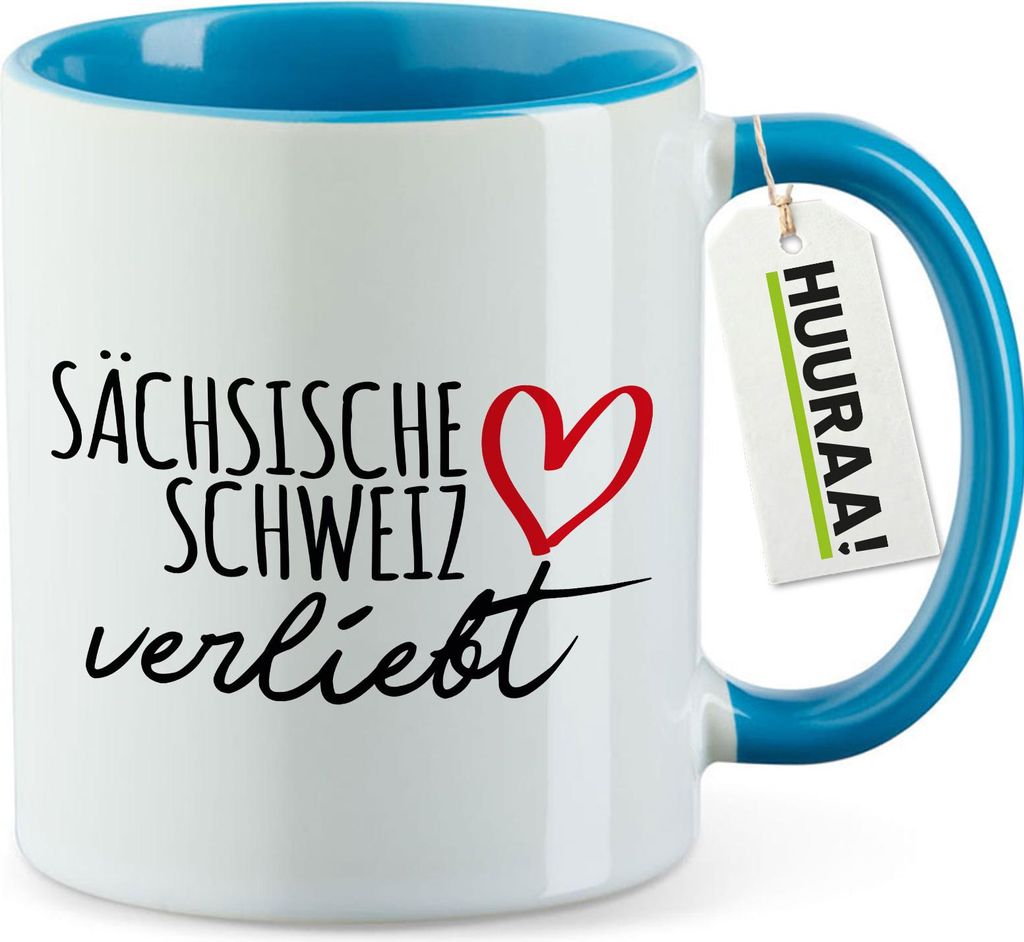 Huuraa Kaffeetasse Sächsische Schweiz verliebt 330ml Blau Keramik Kaffeebecher Geschenkidee