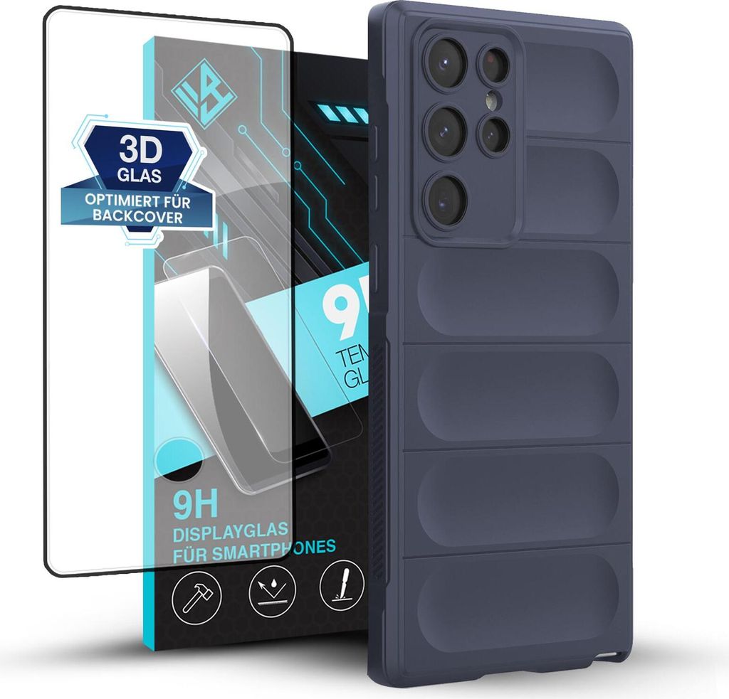 Handy Hülle für Samsung Galaxy S22 Ultra mit 9H Displayglas Displayschutz Plus Grip Case Cover Schutzhülle Softgrip Farbe: Dunkelblau
