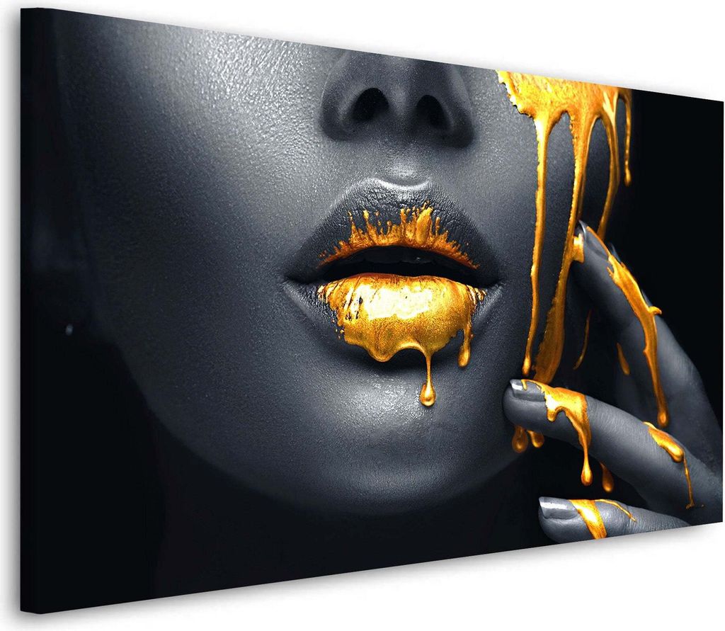 Leinwandbild Wandbild Women Abstract Gold Lips: 180x120x4cm