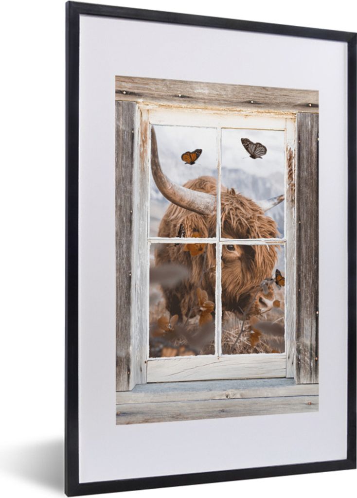 MuchoWow Gerahmtes Poster Scottish Highlander - Ansicht - Blumen 40x60 cm - Poster mit Schwarzem Bilderrahmen Wandposter Rahmen Foto Bilder - Pos...