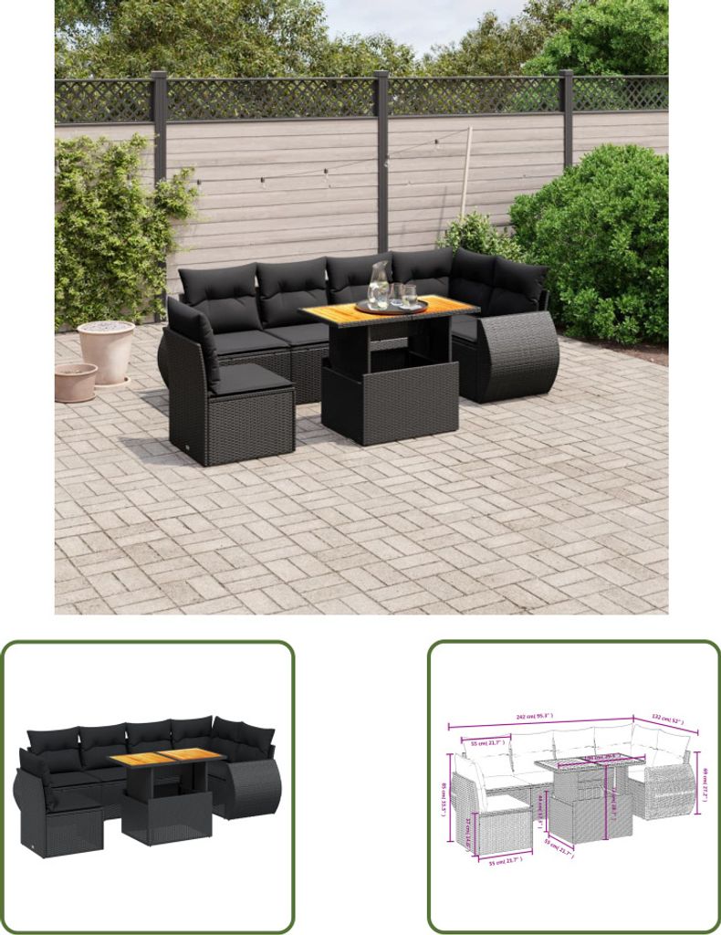The Living Store 7-tlg. Garten-Sofagarnitur mit Kissen Schwarz Poly Rattan