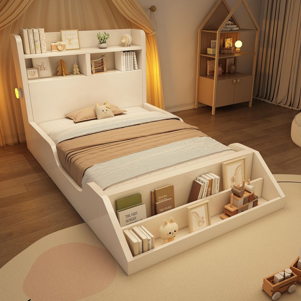Flieks Kinderbett 90x200cm mit Ablagen und abnehmbarem Ablagefach, Jugendbett Einzelbett mit Nachtlichtern, Holzbett Klassisches Bett, Weiß