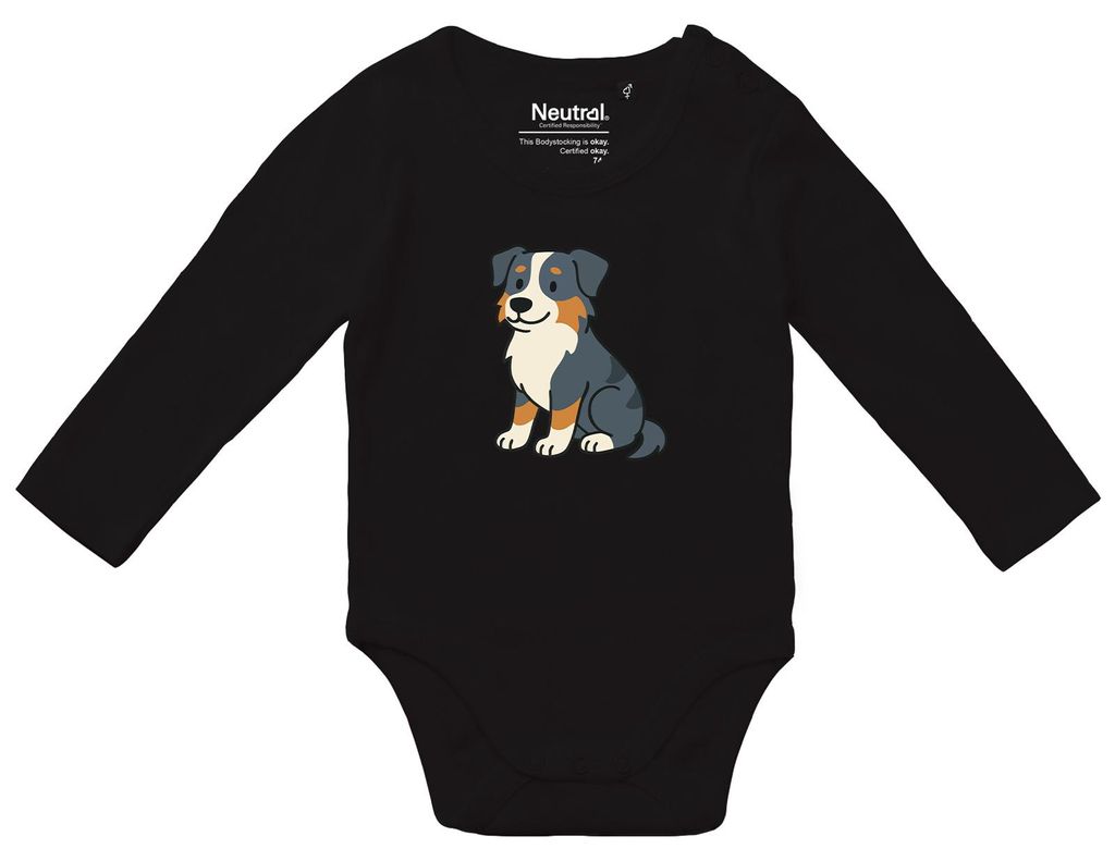 Huuraa Baby Body Australian Shepherd Aussie Comic 62 Black Baumwolle Fairtrade Langarmbody Geschenkidee