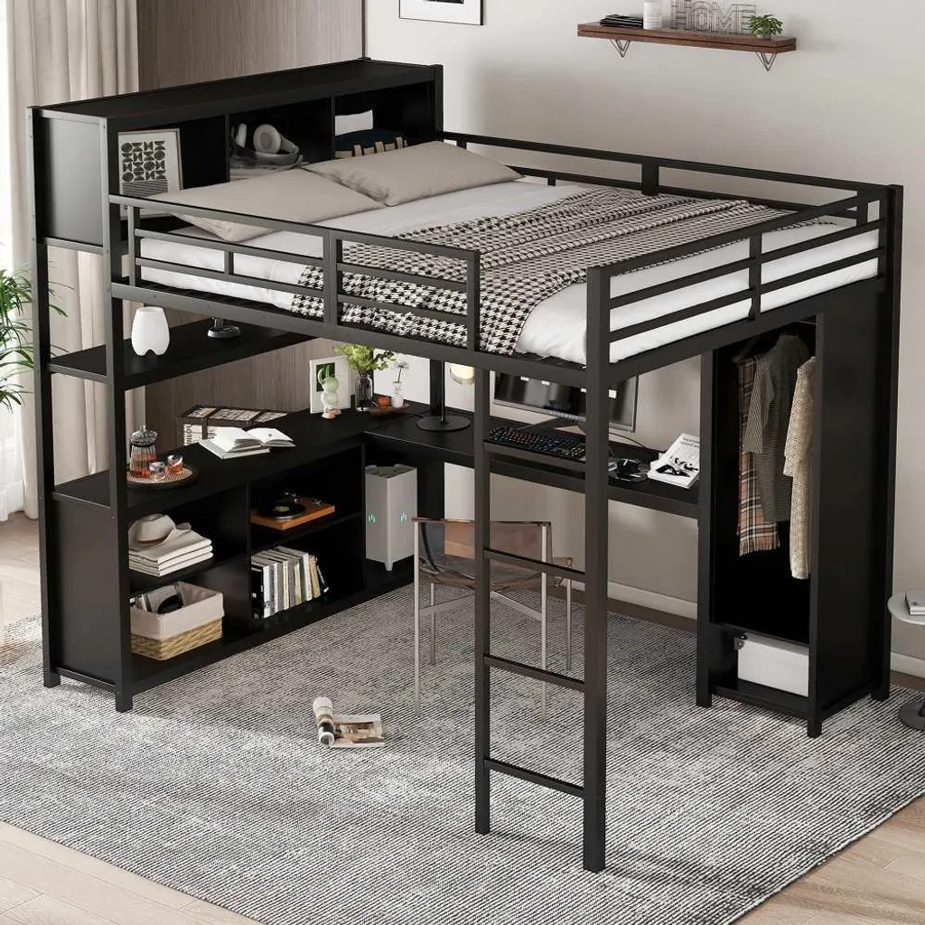 Lit surélevé noir 140x200 structure fer avec armoire de rangement intégrée - 4