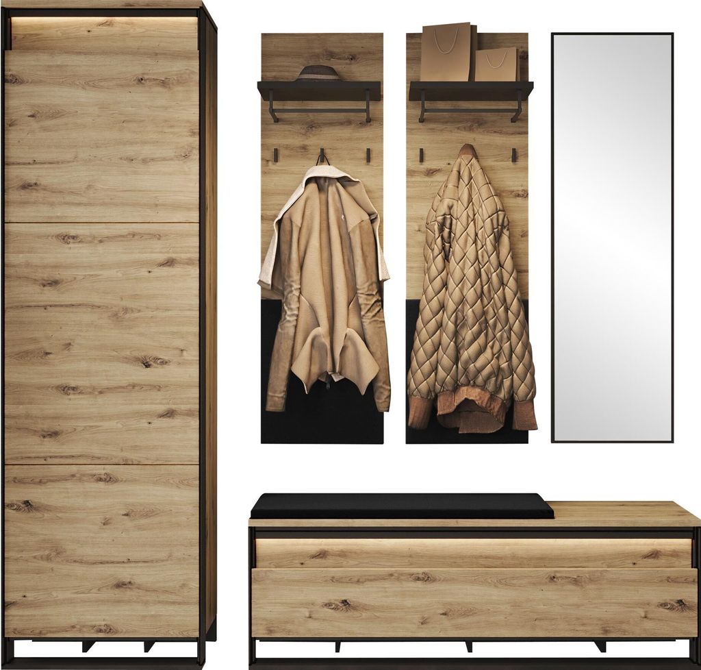 MIRJAN24 Garderobe-Set Quant VIII, Garderobe mit LED-Beleuchtung, Kleiderschrank, Schuhschrank, Spiegel, Kleiderhakenbrett (Farbe: Artisan Eiche / ...