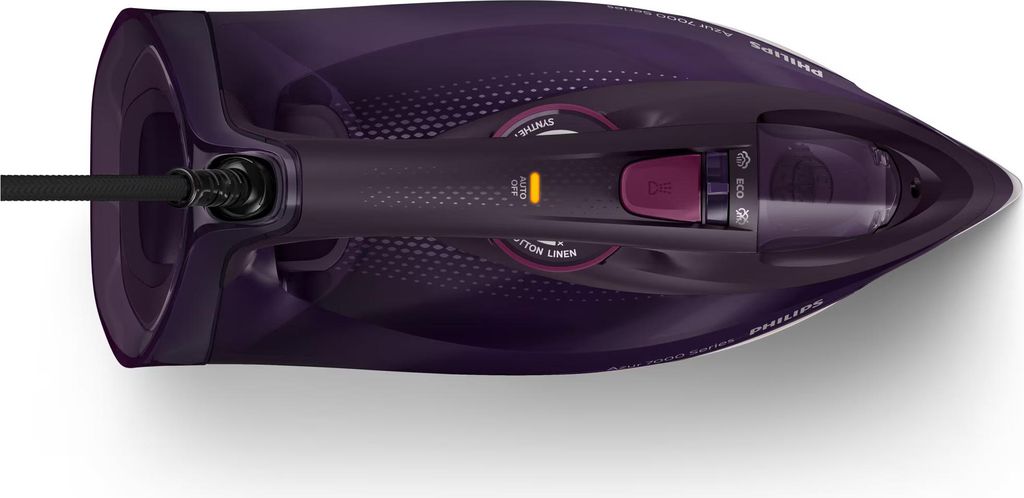 A top-down view of a purple steam iron against a white background.