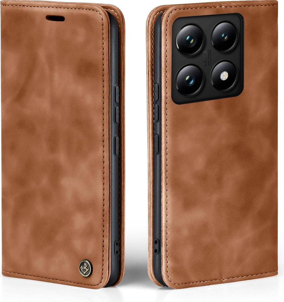 A brown flip case for a smartphone is shown from two angles.