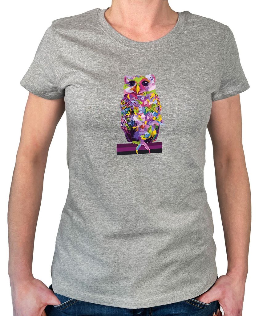 Huuraa Damen T-Shirt Eule Colorful XL Sport Grey Bio Baumwolle Fairtrade Damenshirt Geschenkidee