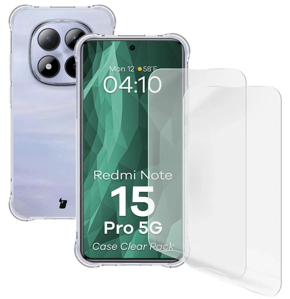 Handyhülle + 2x Folie für Xiaomi Redmi Note 15 Pro 5G, Bizon Case Clear Pack, Transparent