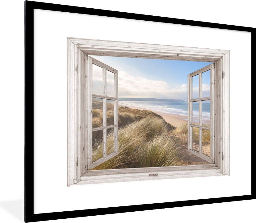 MuchoWow Gerahmtes Poster Durchblick - Strand - Meer - Dünen - Strandgras - Sand - Blau 80x60 cm - Poster mit Schwarzem Bilderrahmen Wandposter ...