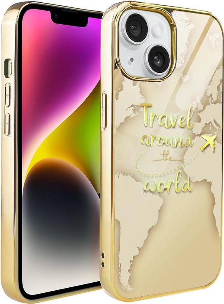 IBIZU Elite Glass 3D iPhone 14 Hülle, Glasrückseite, goldene Weltkarte mit der Aufschrift Travel around the World, gold