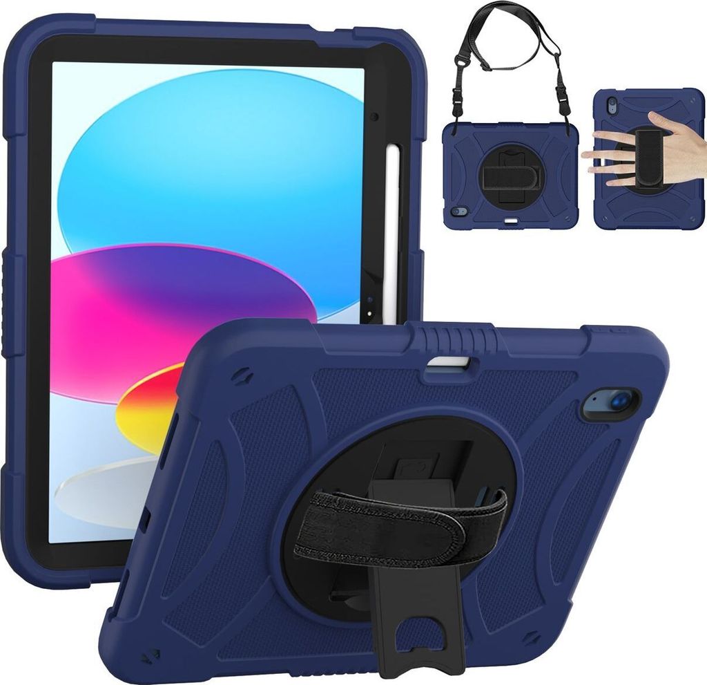 Mobigear SureGrip iPad 10 (2022) Hülle Kunststoff,Silikon Backcover + Stifthalter + Schulterträger + Ständer - Schwarz / Blau