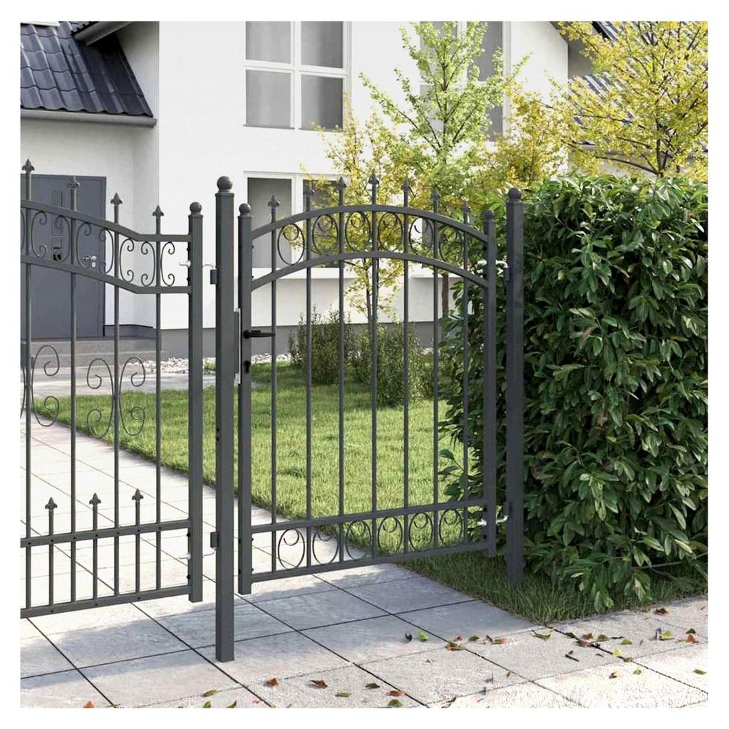 Gartentor mit Spitzen Grau 150 x 100 cm aus pulverbeschichtetem Stahl