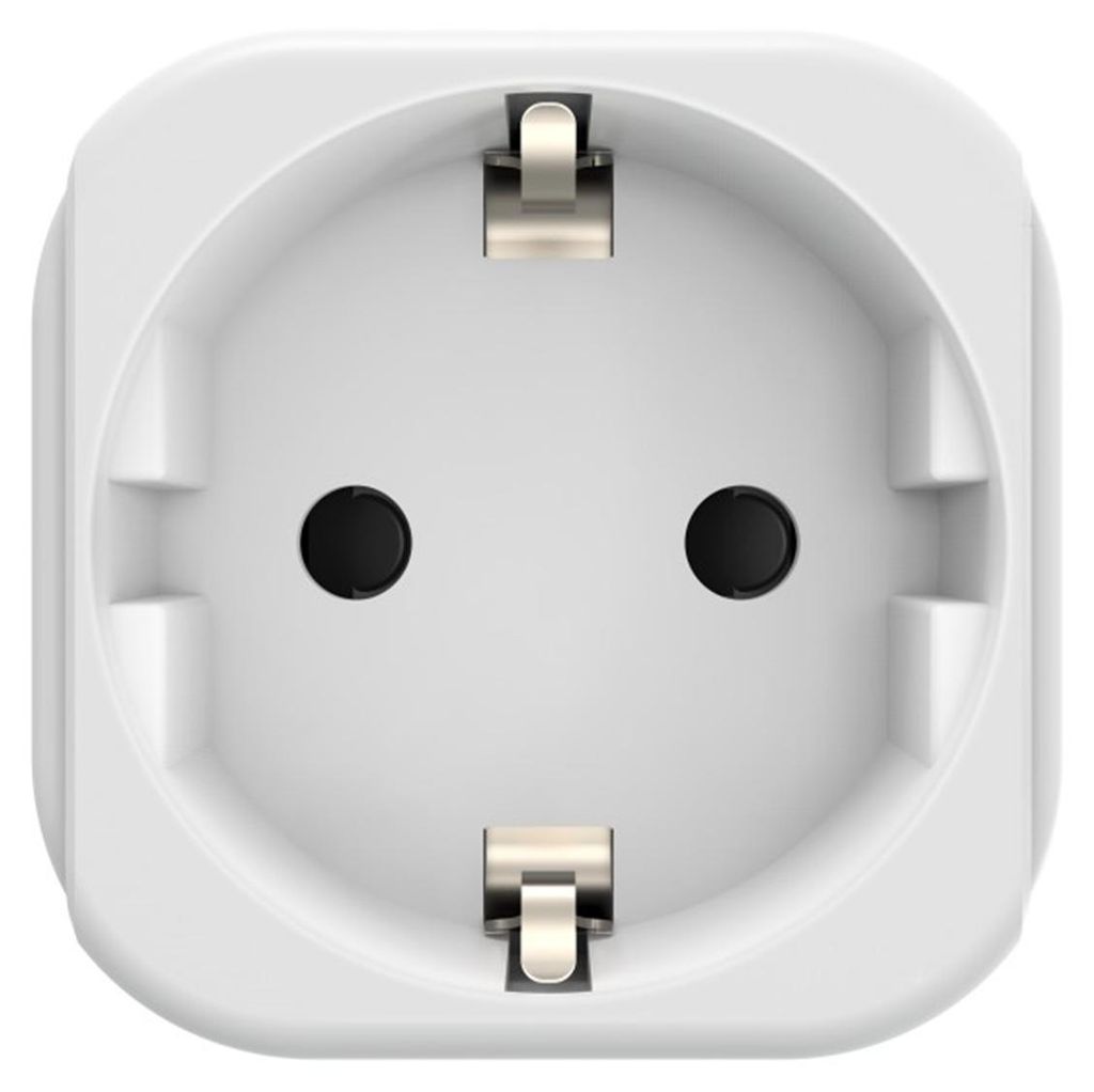 A close-up, front-facing view of a white electrical adapter with metallic contacts.