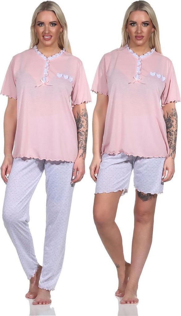 Damen 3 tlg. Pyjama Capri & lange Hose Shirt in kurzen Ärmeln; Rosa/M/38